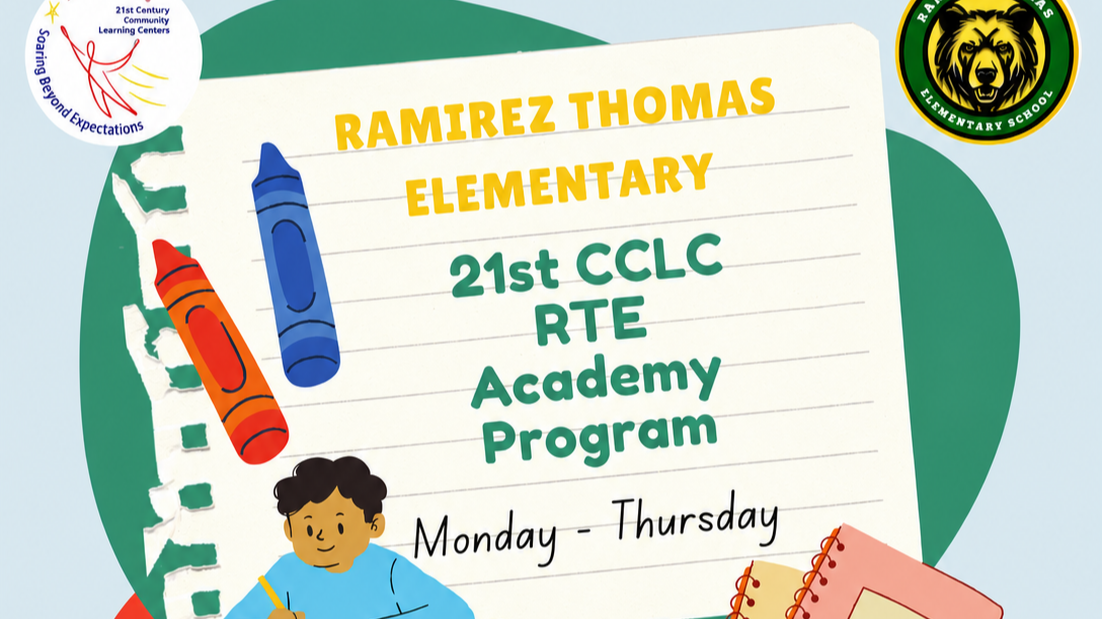 Flyer with blue and green background. A child at a desk with homework help, enrichment, coding, and 3D printing.