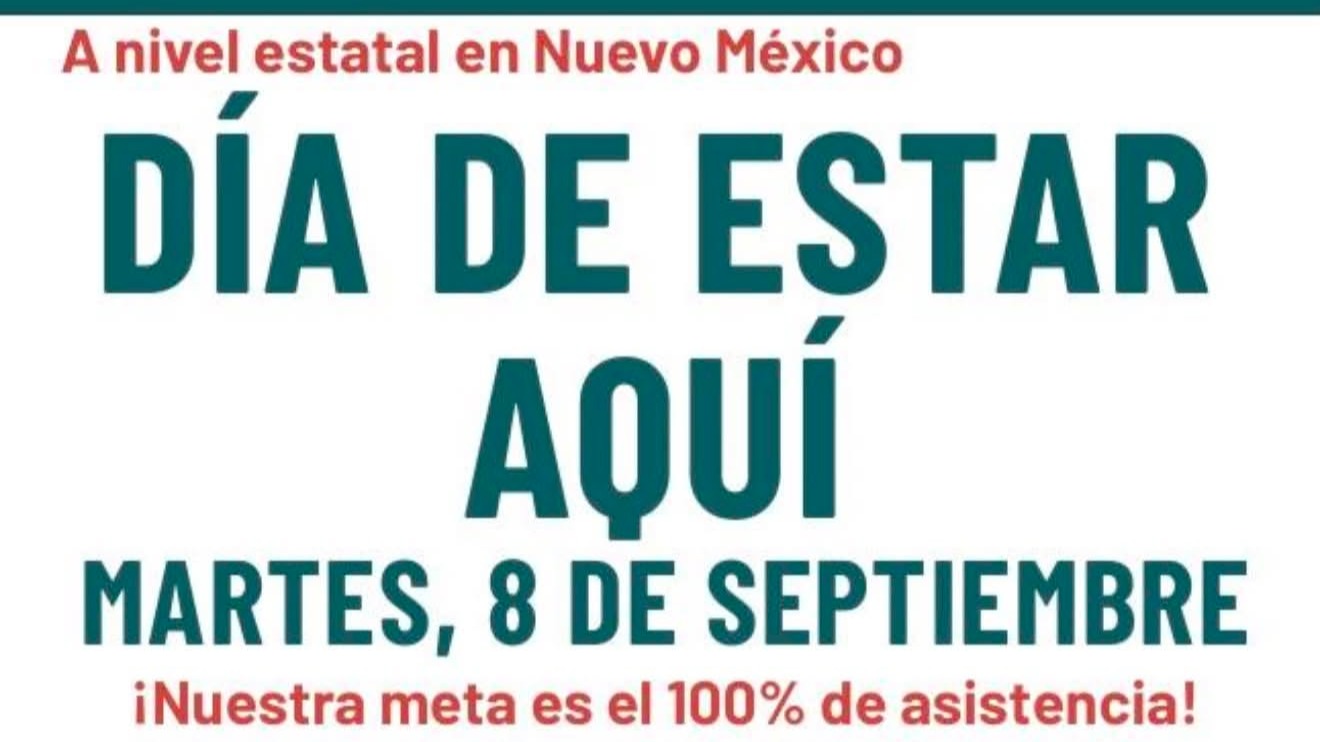 Poster with black text on a red, white, and green background. It reads "Dia de Estar Aqui" and "Martes, 8 de Septiembre".