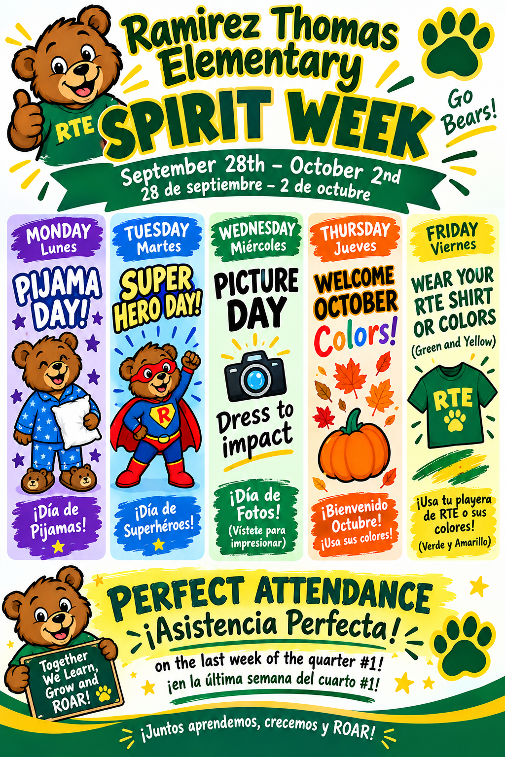 A Spirit Week schedule for Ramirez Thomas Elementary shows days and themes. Bear, superhero, picture, and pumpkin themes.