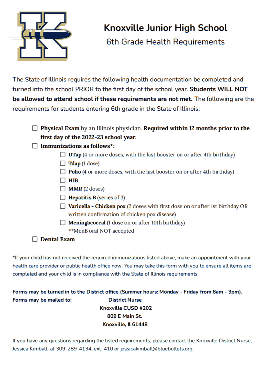 6th Grade Health Requirements