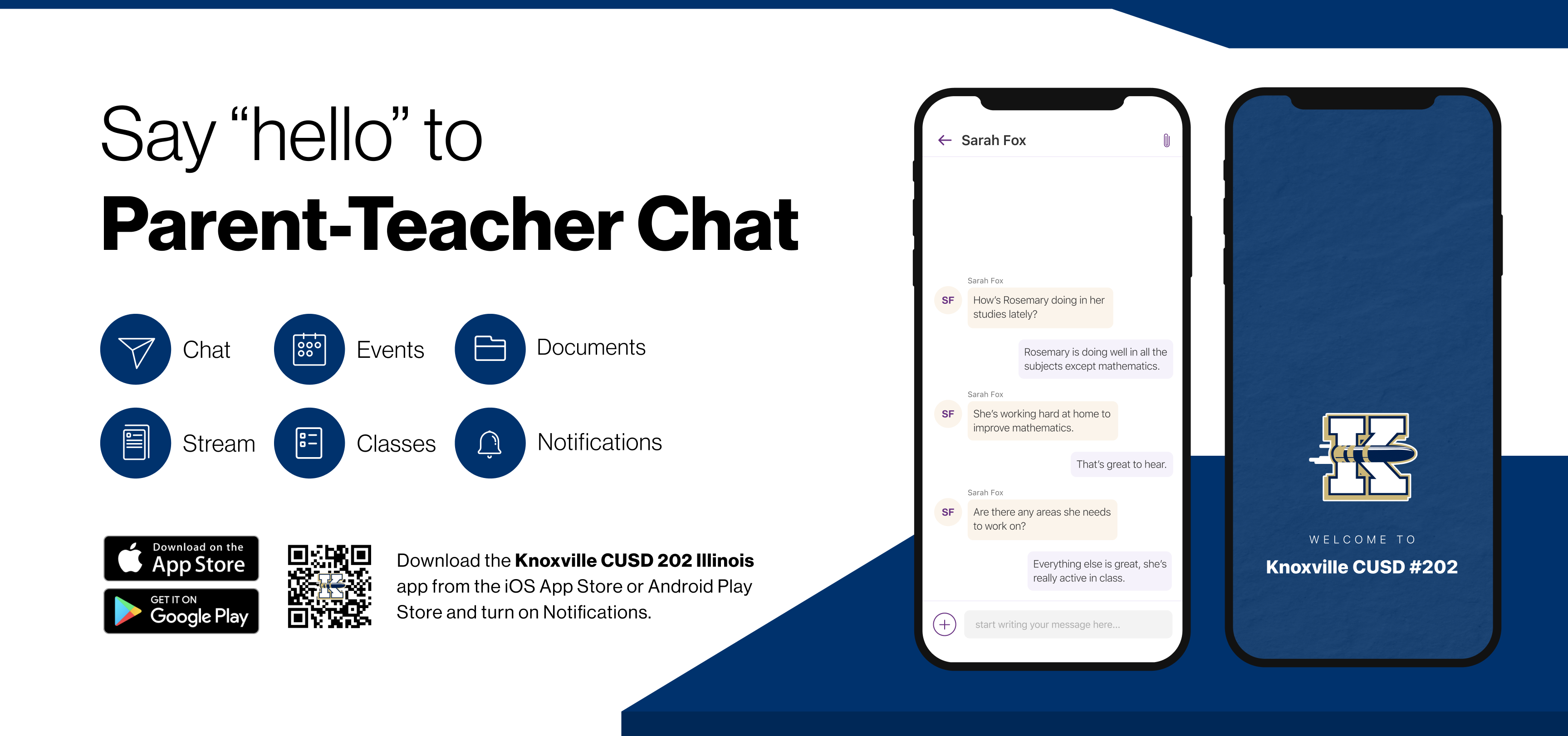 Say hello to Parent-Teacher chat in the new Rooms app. Download the Knoxville CUSD #202 app in the Google Play or Apple App store.