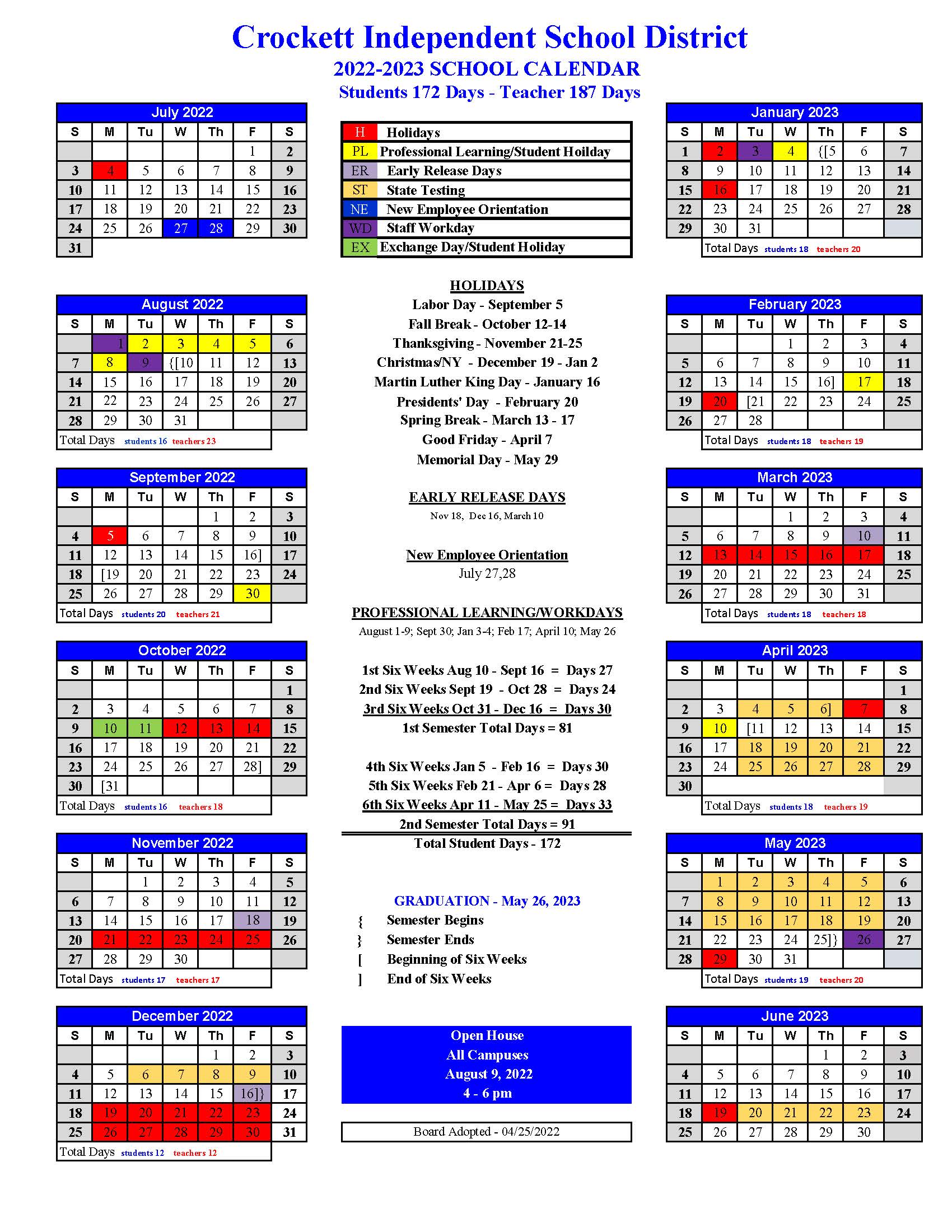 School Calendar Crockett ISD