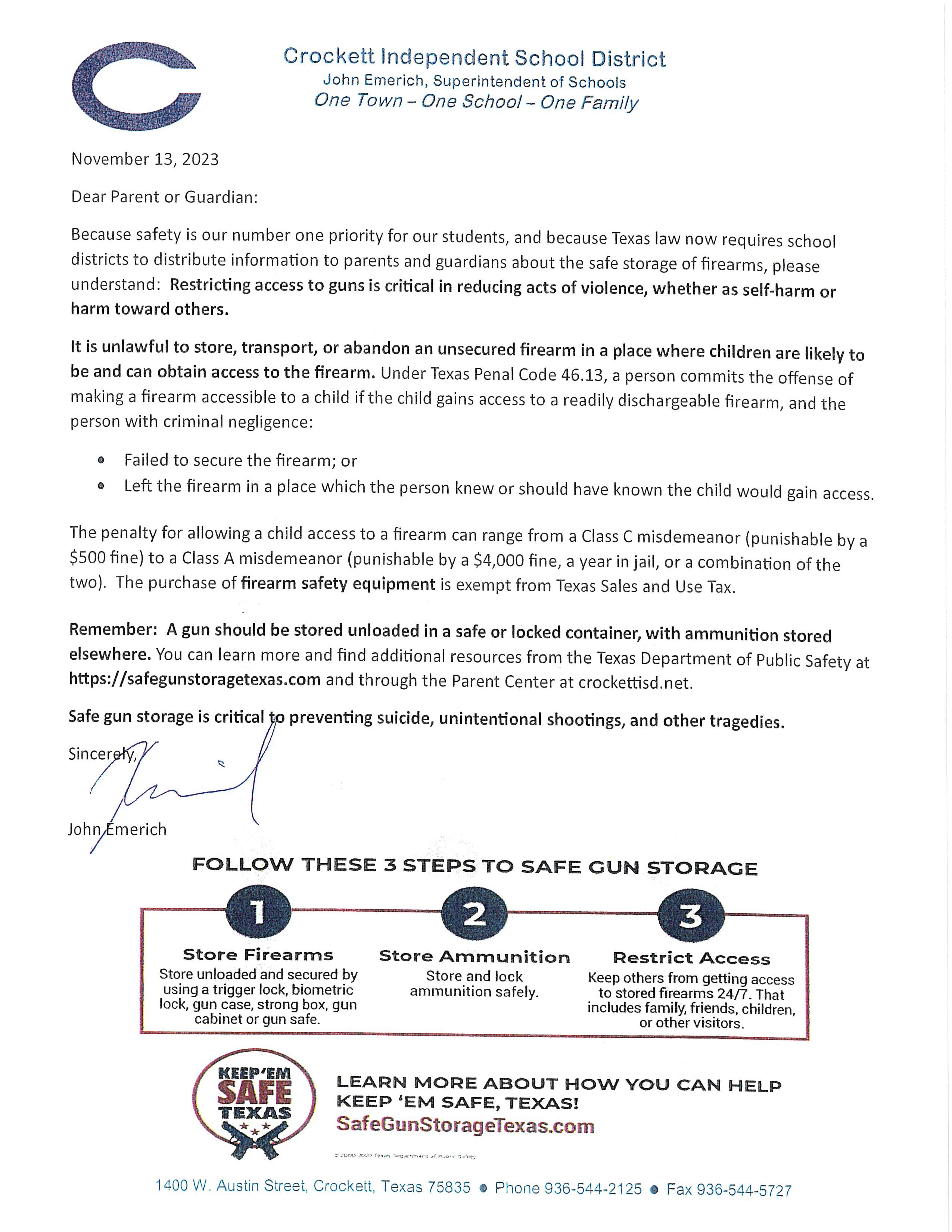 Letter to Parents Gun storage safety