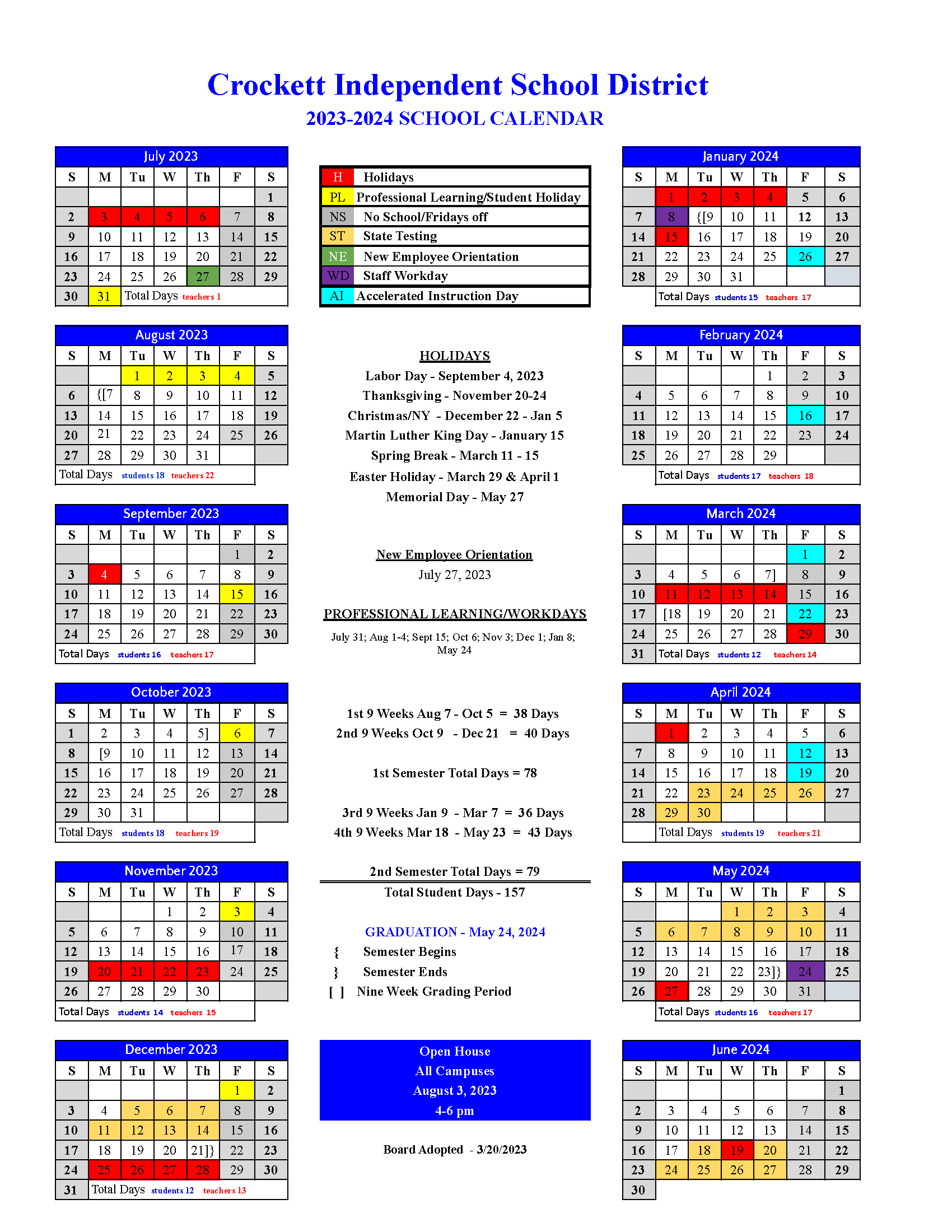 School Calendar Crockett ISD