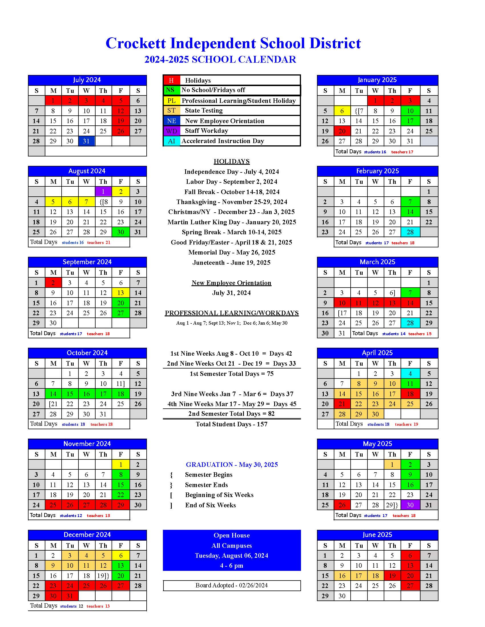 School Calendar | Crockett ISD