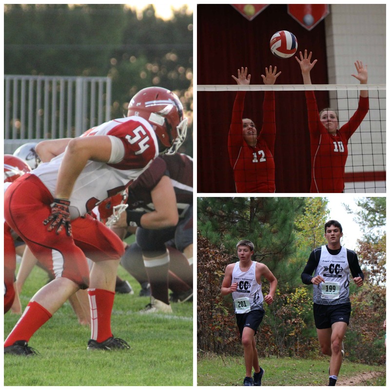 Collage of football, volleyball and cross country in action