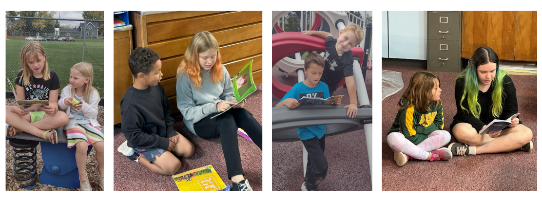 collage of older students reading to younger students