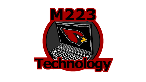 image of open laptop with red cardinal head logo; text surrounding laptop says M223 Technology