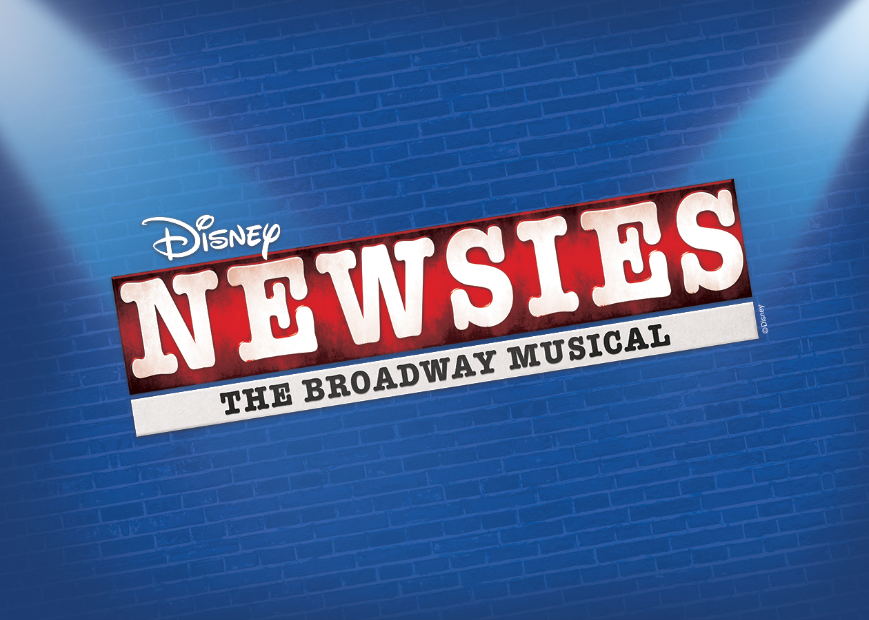 Disney Newsies a Broadway Musical on a blue brick background