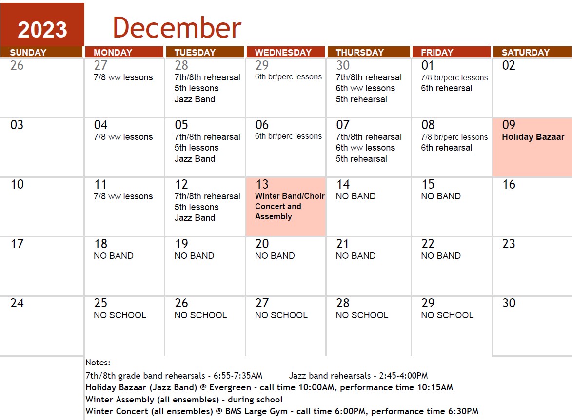 December Band Calendar