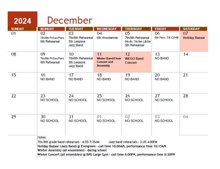 December Band Calendar