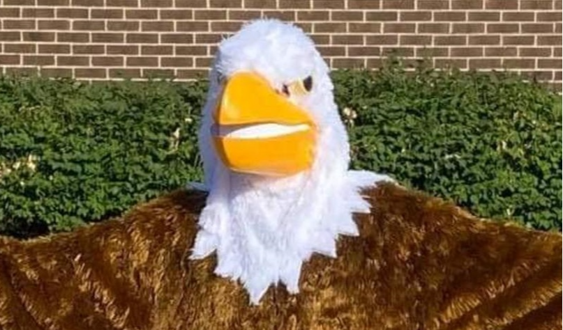 Evergreen Eagle mascot posing in front of the school