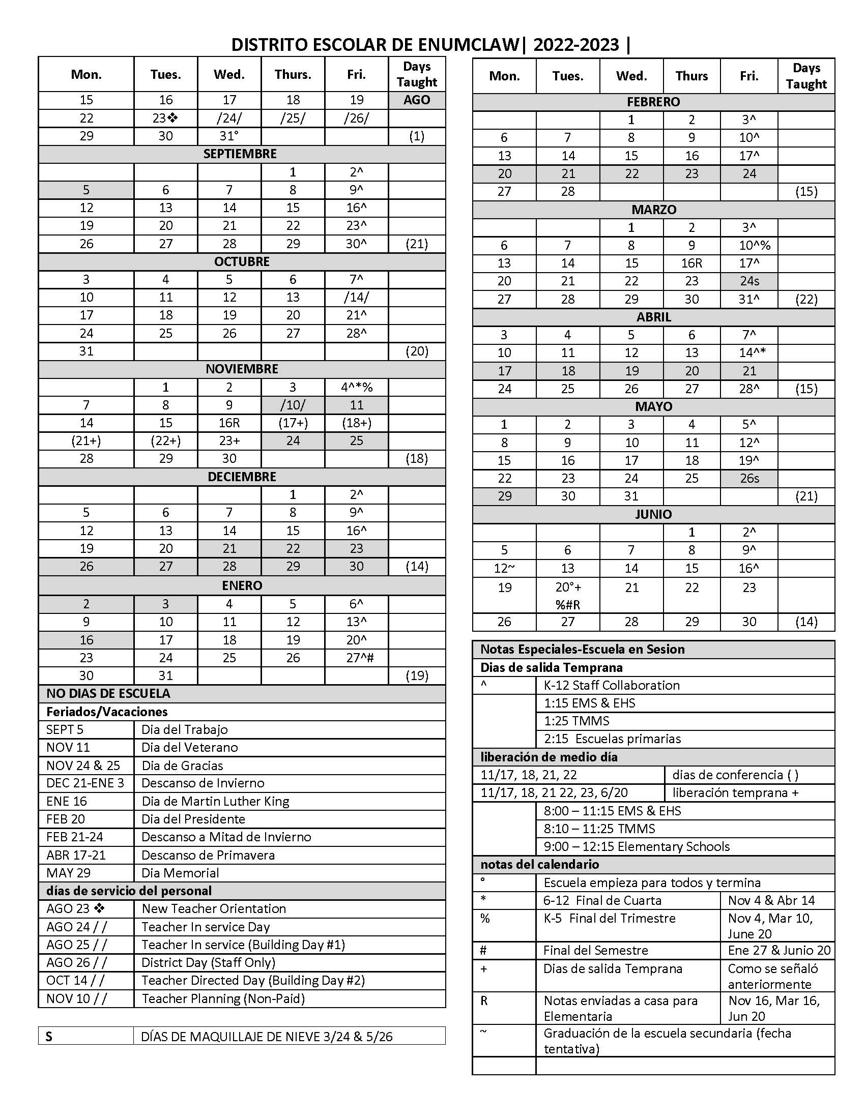 2022-23 School Calendar in Spanish
