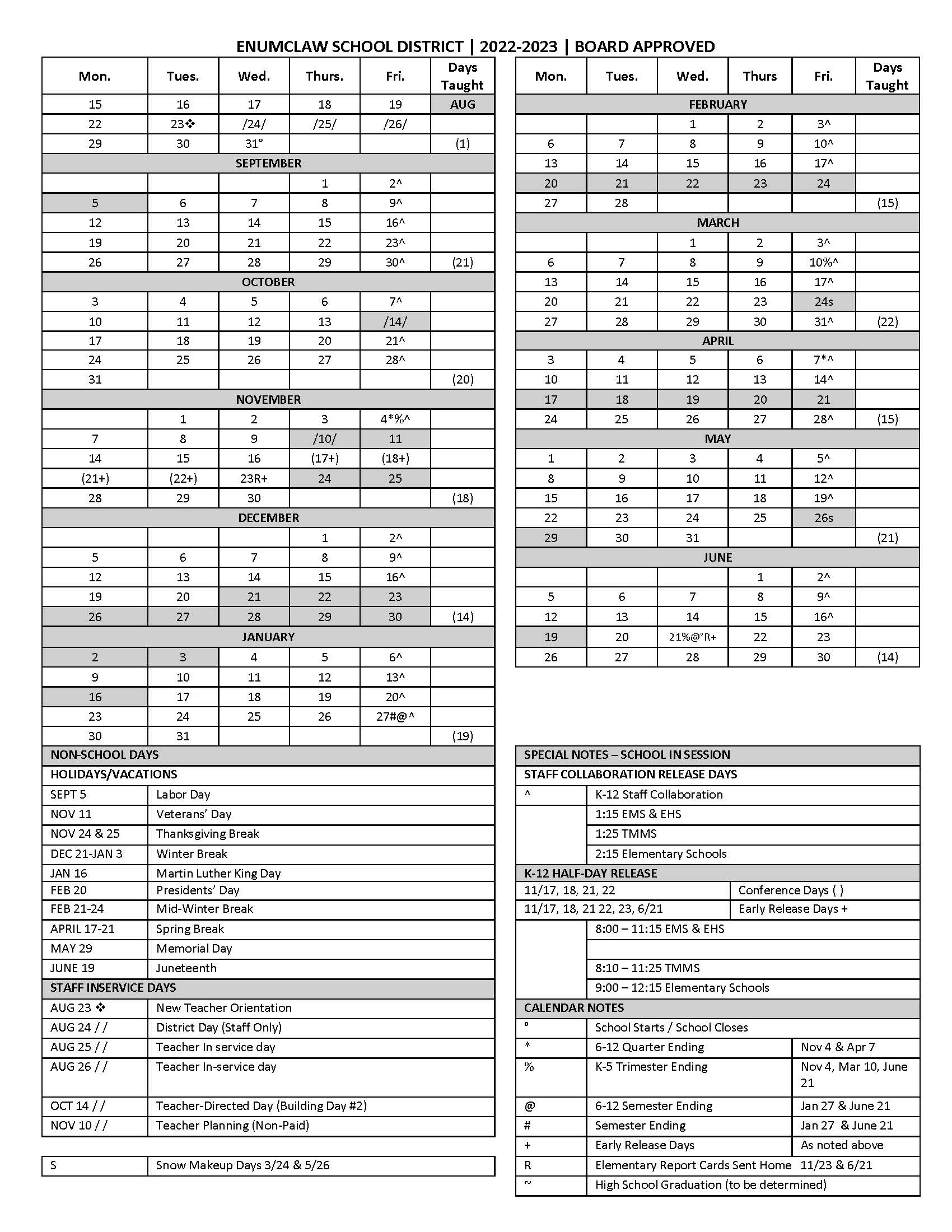 One Page Calendars 2022-23 in English