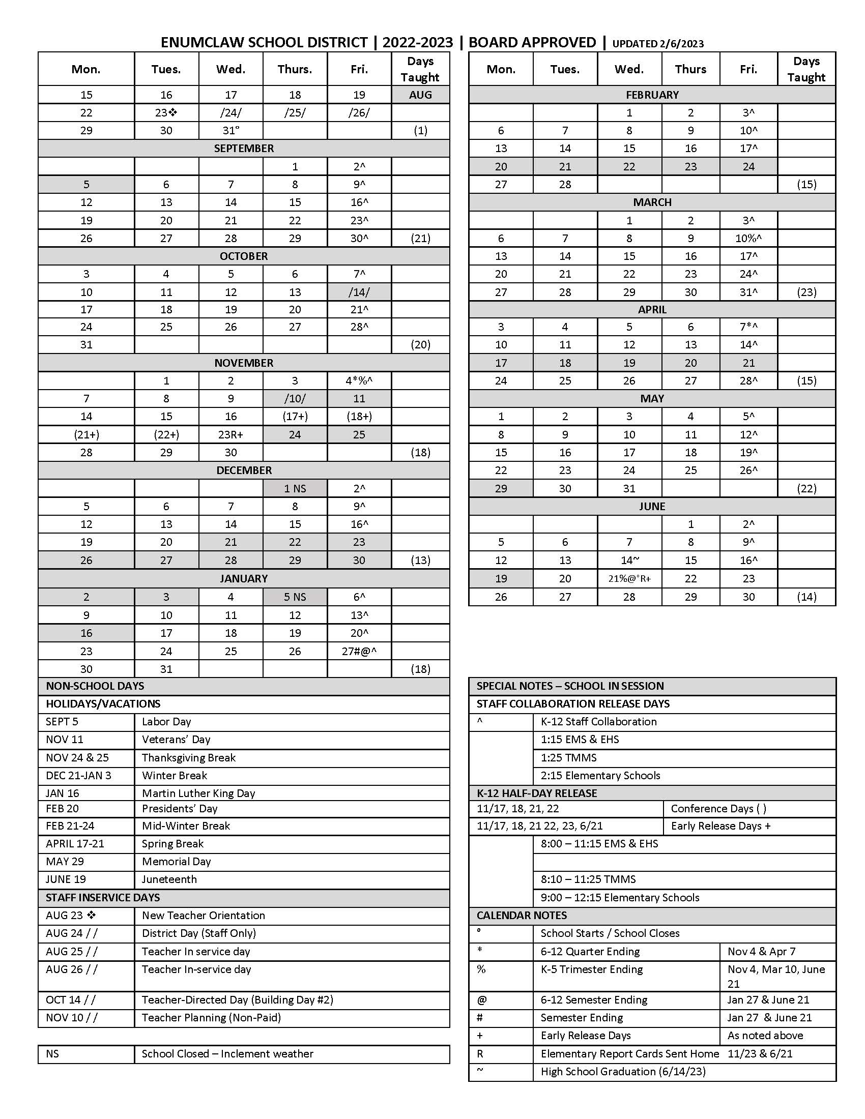 One Page Calendars 2022-23 in English
