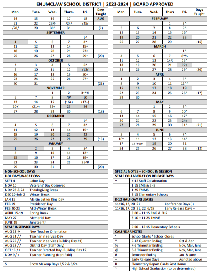 Calendars One Page School Year Enumclaw School District