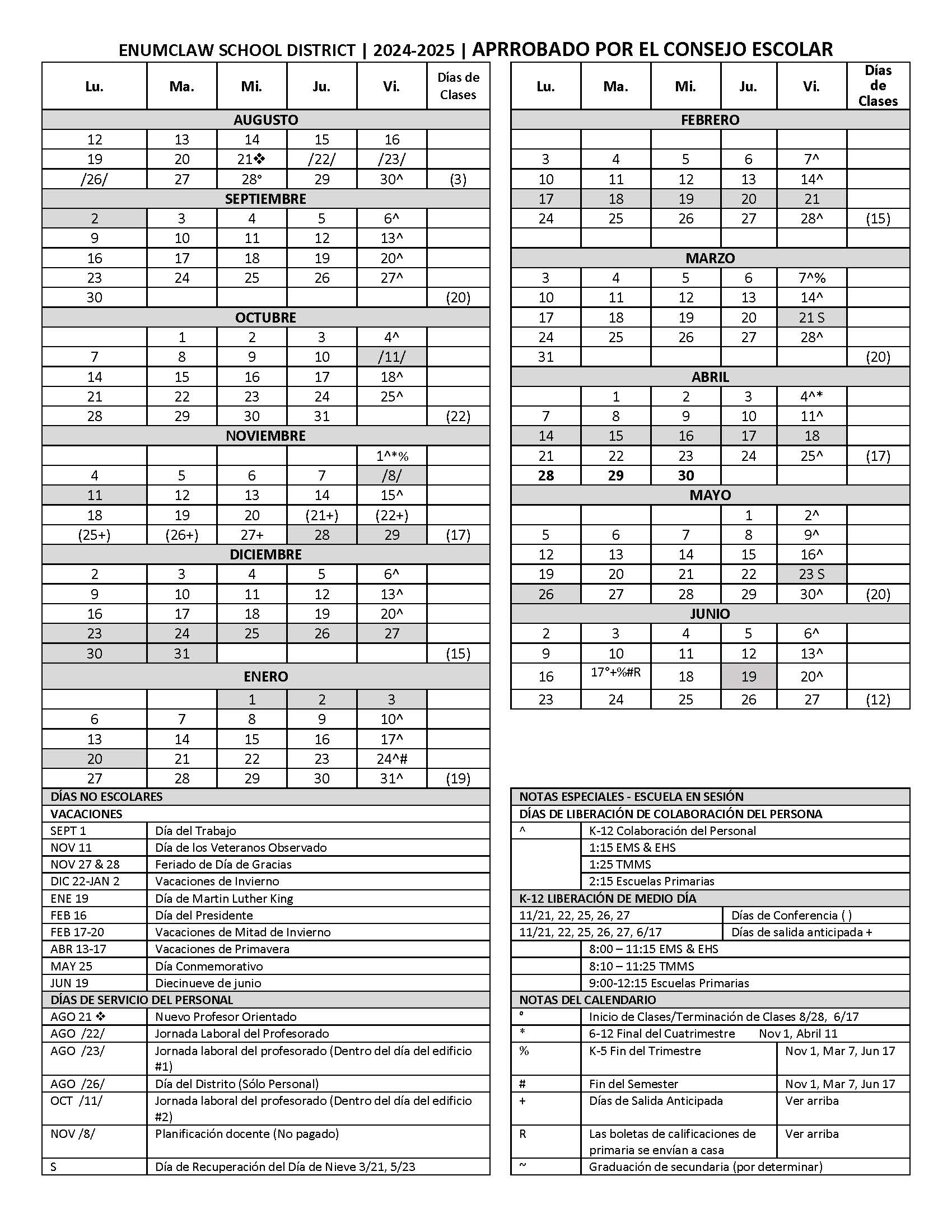 2024 - 2025 One-page calendar Spanish