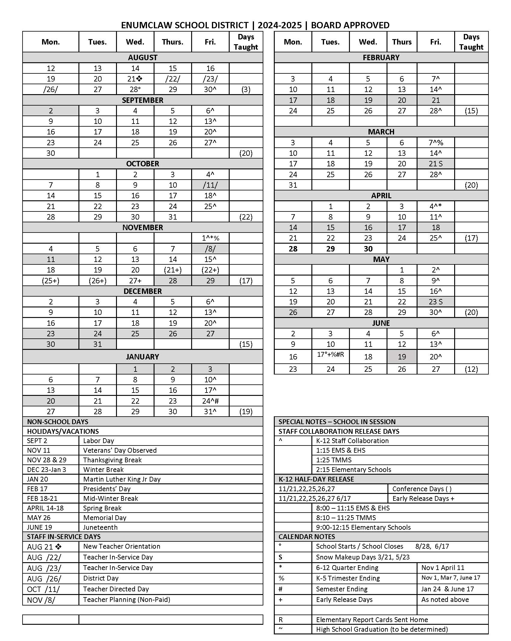 One Page Calendars 2024-25 in English