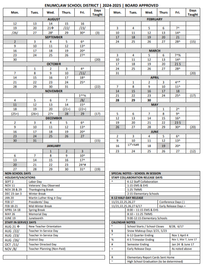 One Page Calendars 2024-25 in English