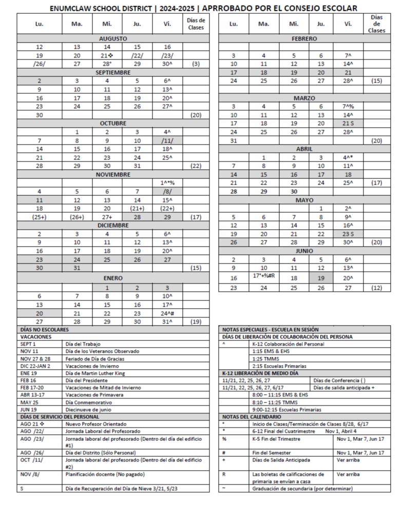 2024 - 2025 One-page calendar Spanish