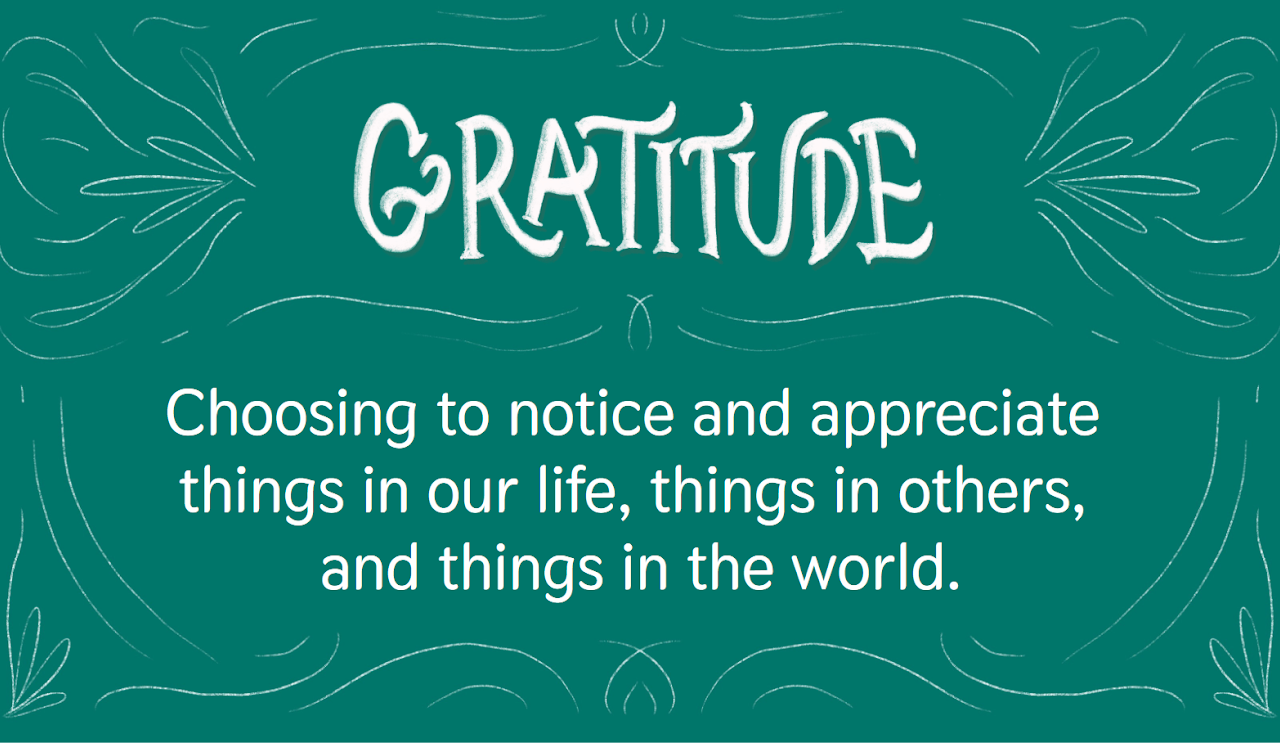 gratitude is choosing to notice and appreciating things in our life, things in others and things in the world
