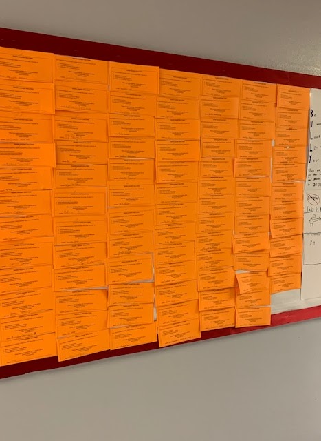 photo of orange sticky notes on a wall 