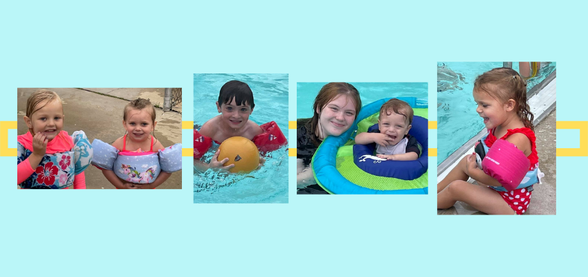 Collage of children swimming with floaties at local pool
