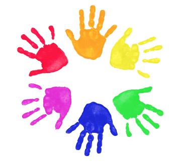 6 colorful children's hands in a circle
