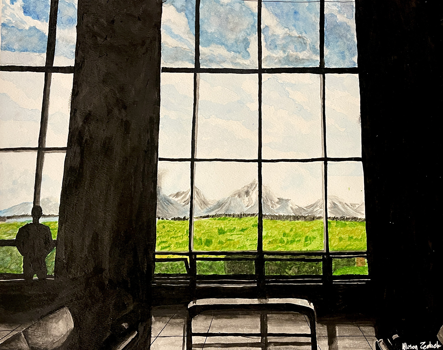 Mixed media piece of the dark silhouette of a man looking out of one massive floor-to-ceiling window showing a visa of green fields, snowy mountains, and blue skies.