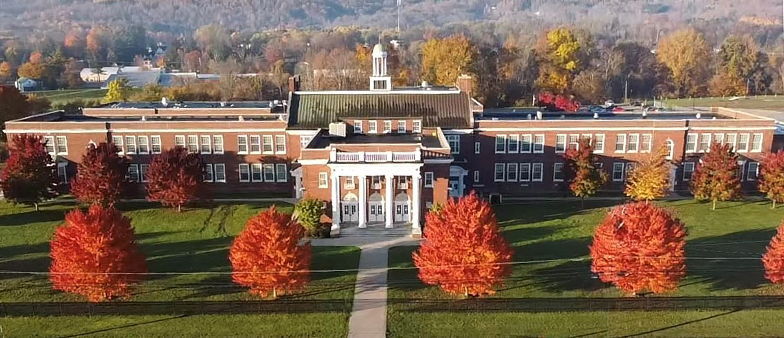 Fall exterior of the Tioughnioga Riverside Academy building.