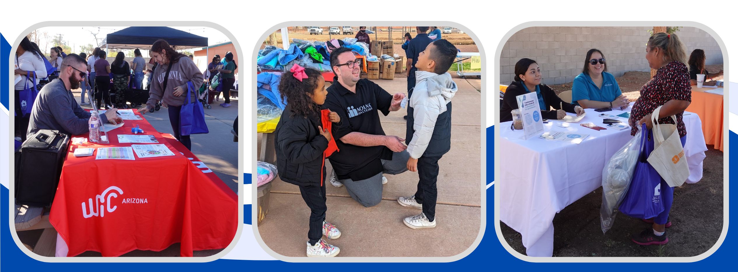 Serie of three images from community resource day. Image one resource table with community partner. Image two shows a volunteer sizing a jacket for a child. Image 3 shows a different resource table and community member. 