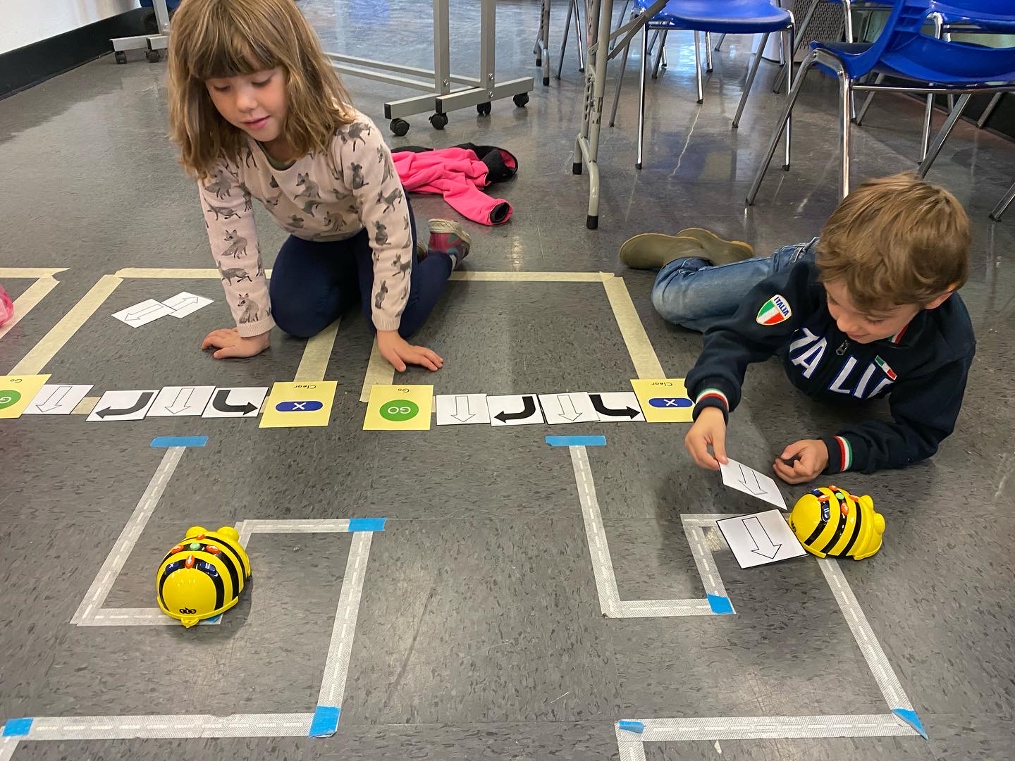 Using cards to help control their bee bots