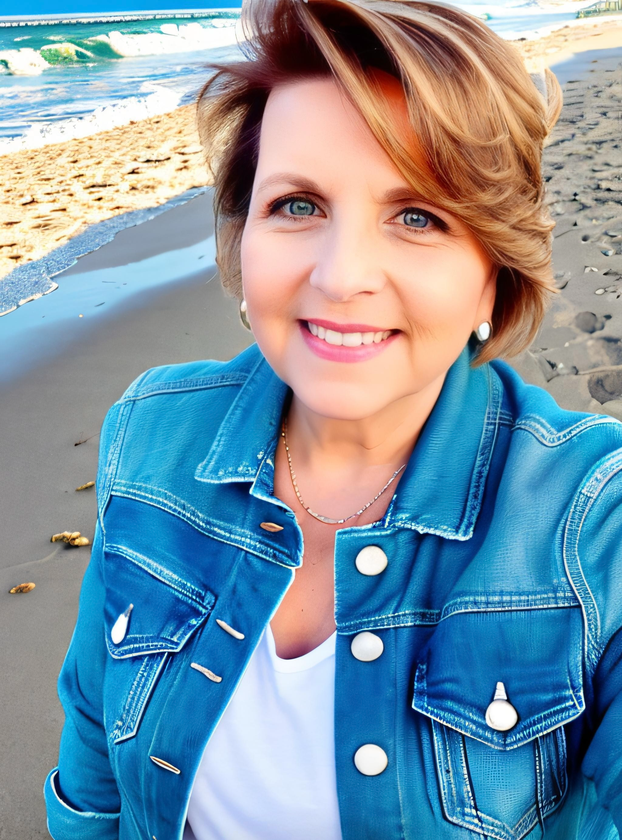Smiling white woman with short brown hair, in a denim jacket