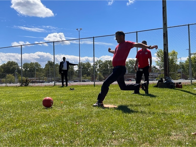 Photo of the week Freshman Academy Principal Philip Weinman with perfect kickball form during Wednesday afternoon's Safety Team/ Administrator kickball game at SHS.