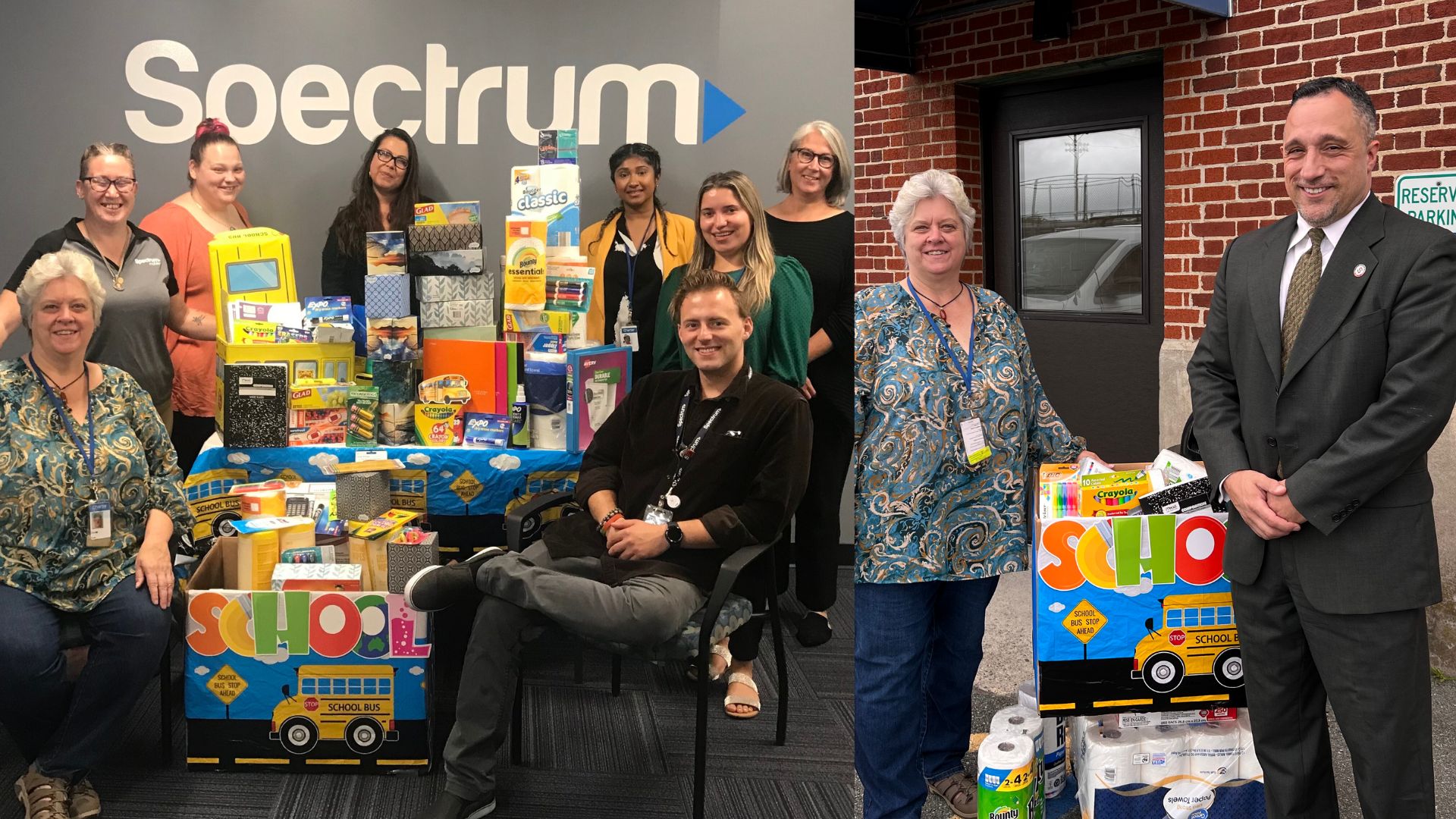 Employees from the HR department and Spirit Committee at Spectrum in Schenectady collected and donated school supplies to our elementary school students. District Director of Elementary Schools Joe DiCaprio accepted the donation from Spectrum employee, Deb Rust.