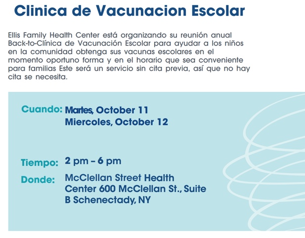 Ellis Vaccination Clinic. Click here for Spanish Flyer