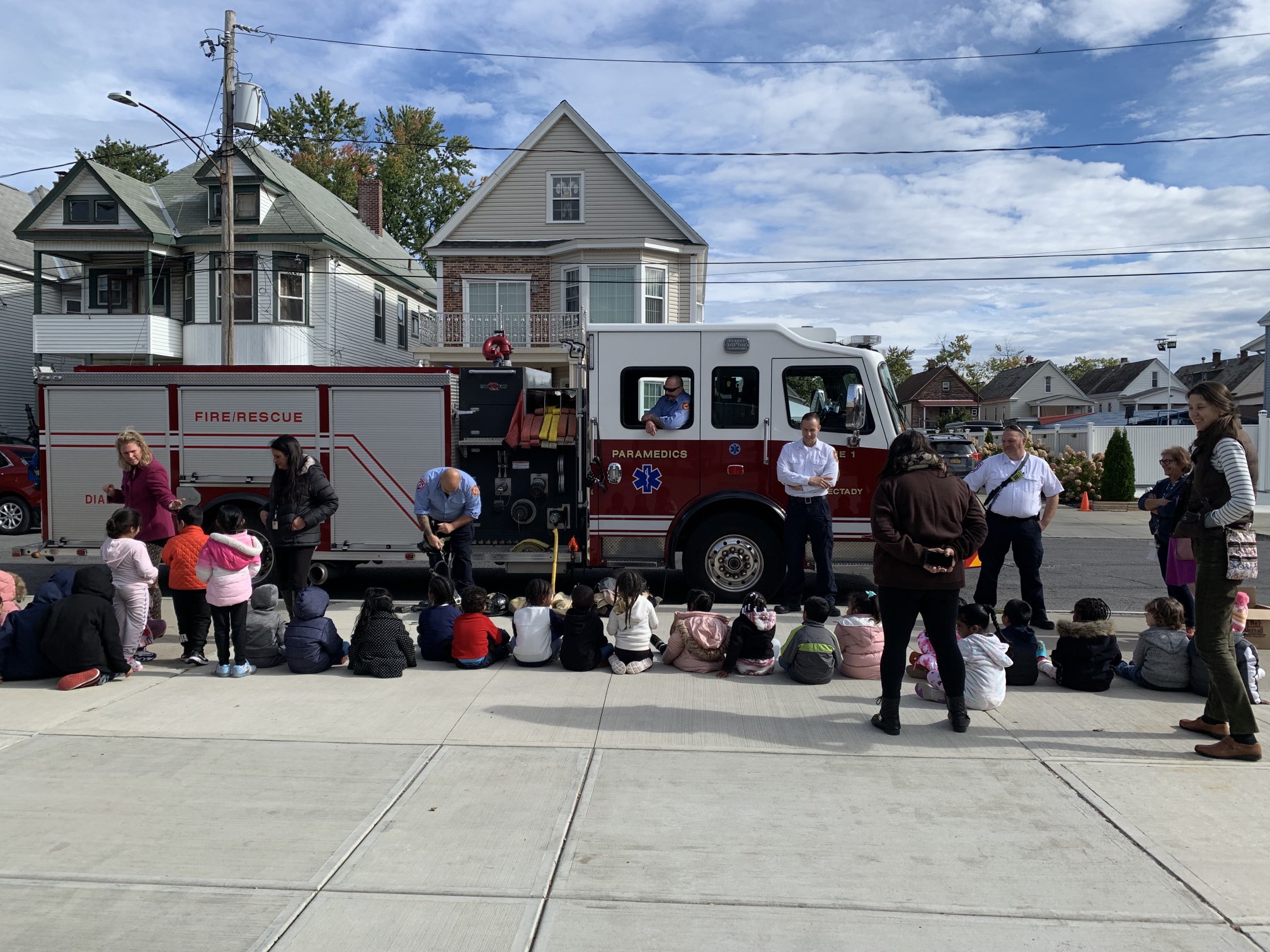 Fire Prevention Month:  Firefighters visit with elementary school students to talk about fire prevention and safety