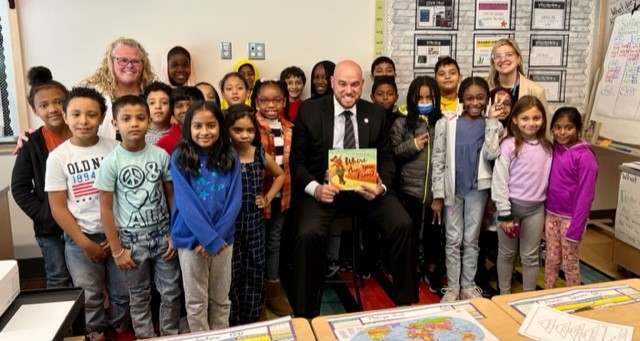 Superintendent Soler and a class of students at King that he read to for Hispanic Heritage Month