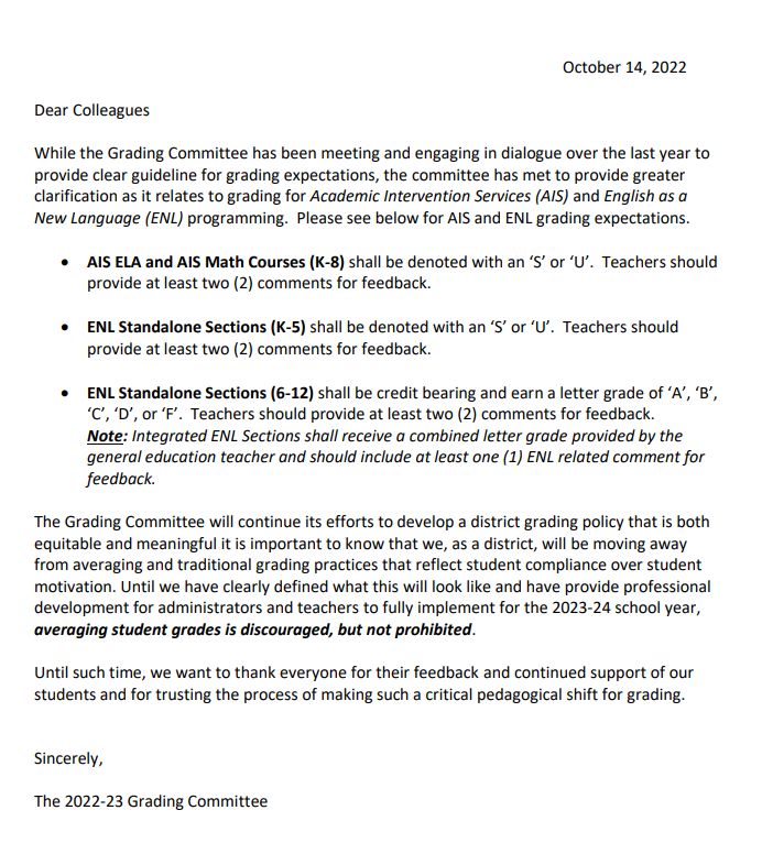 Letter regarding grading