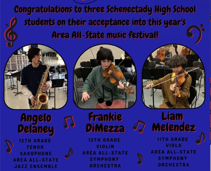 Congratulations to Angelo Delaney, Frankie DiMezza and Liam Melendez who were accepted into the Area All-State Music Festival