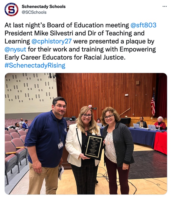 Twitter Photo of SFT President Mike Silvestri and Carmella Parente receiving a plaque from NYSUT for their work and training with Empowering Early Career Educators for Racial Justice.
