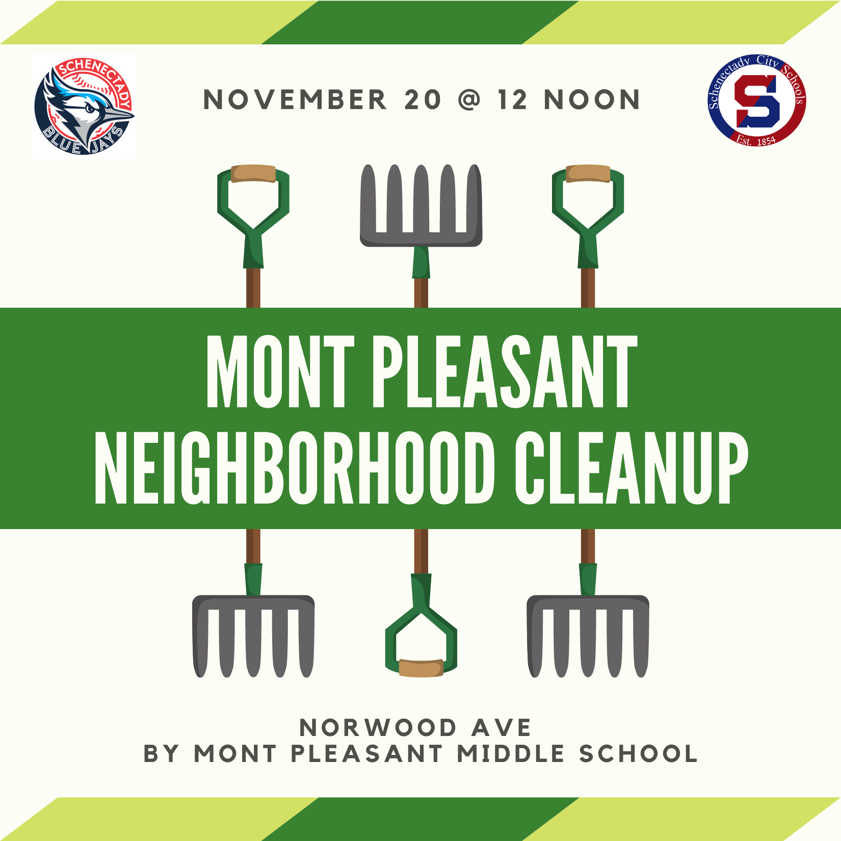 The Schenectady Blue Jays are teaming up with our district, the City of Schenectady, and multiple Schenectady Youth Sports Leagues to clean up the fence line on Norwood Ave by Mont Pleasant Middle School on Sunday at noon.