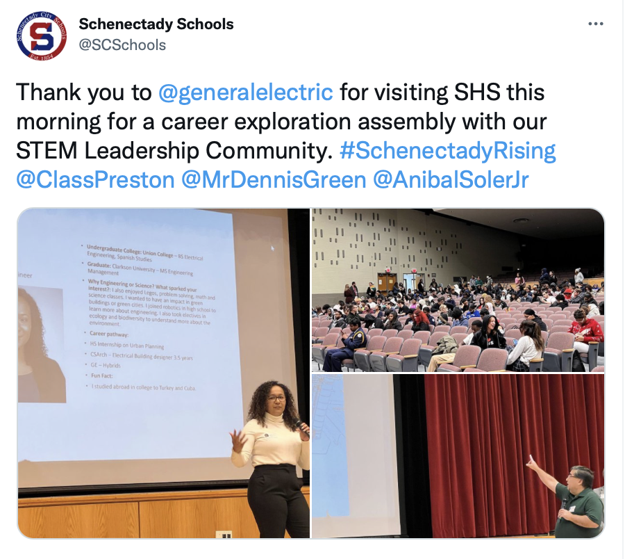 As part of our secondary school redesign each Leadership Community at Schenectady High School participates in regular Career Exploration Assemblies with area companies. Early last week, General Electric visited to talk with STEM leadership Community students about a future in renewable energy.