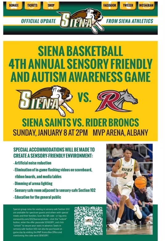 Community Flyer:  Siena Basketball Sensory Friendly and Autism Awareness Game