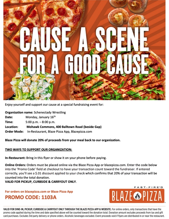 Flyer for Blaze Pizza Wrestling Fundraiser