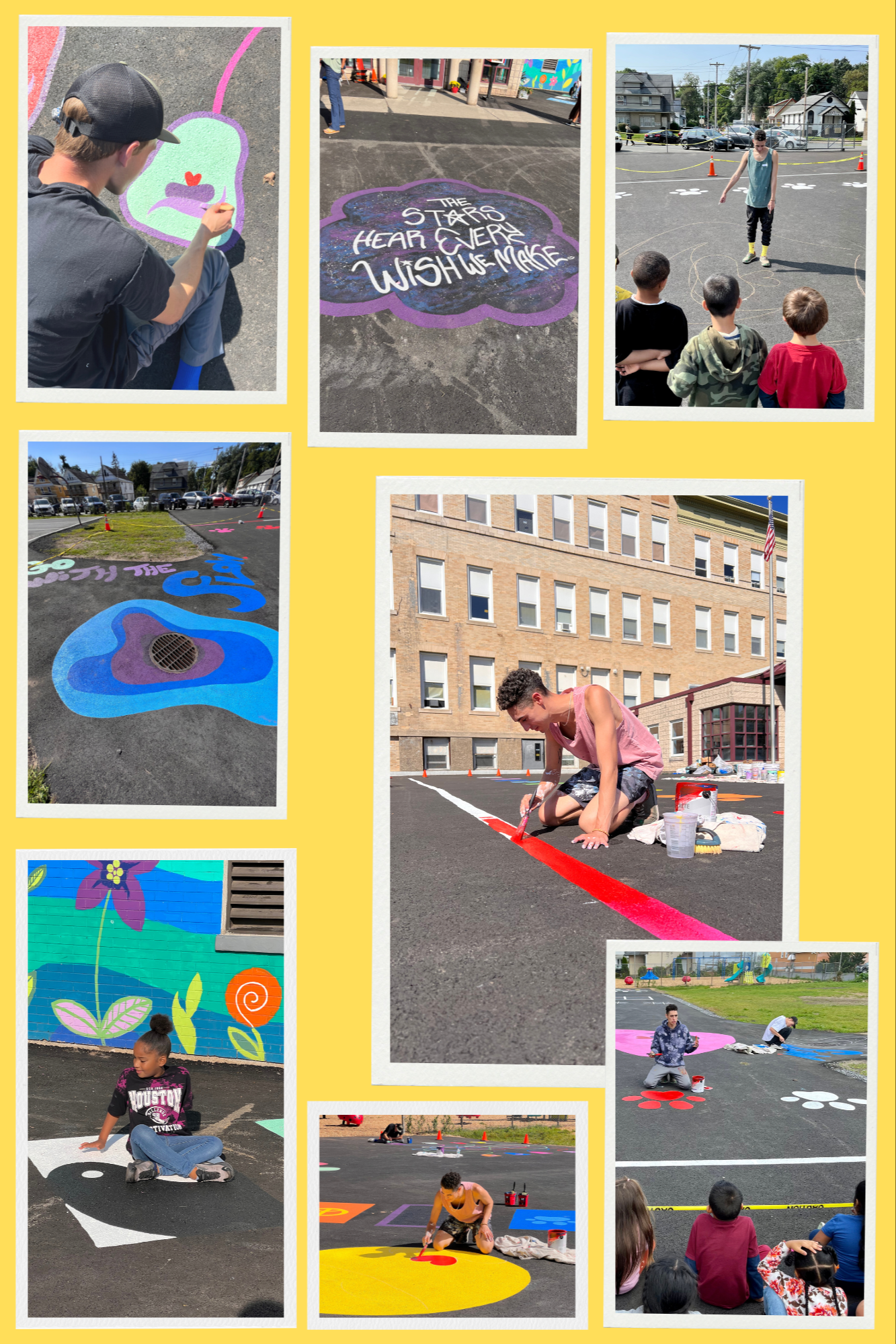 Photo collage of mural artist painting on pavement with elemtnary students