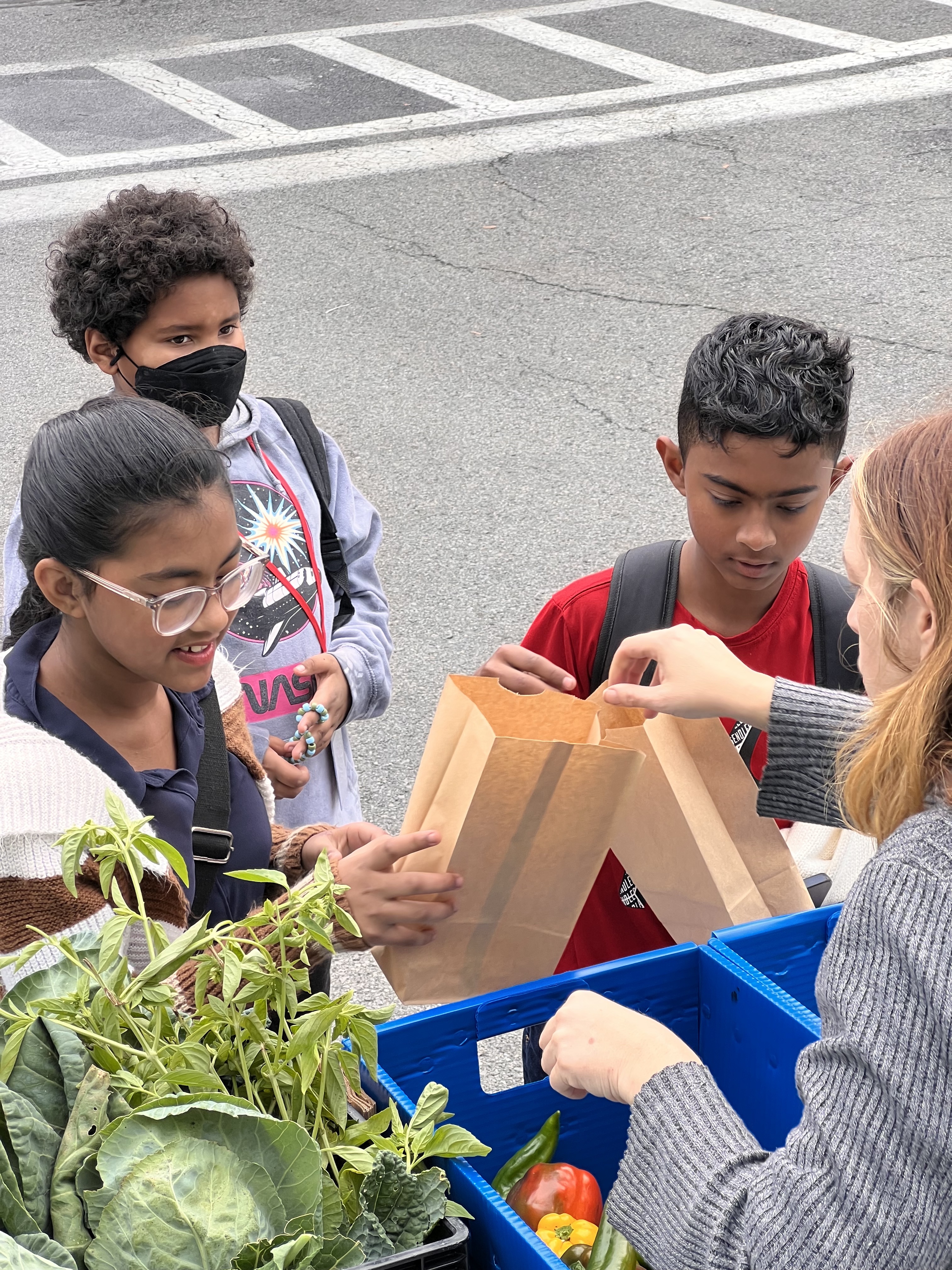 Students fill bags at farmers market