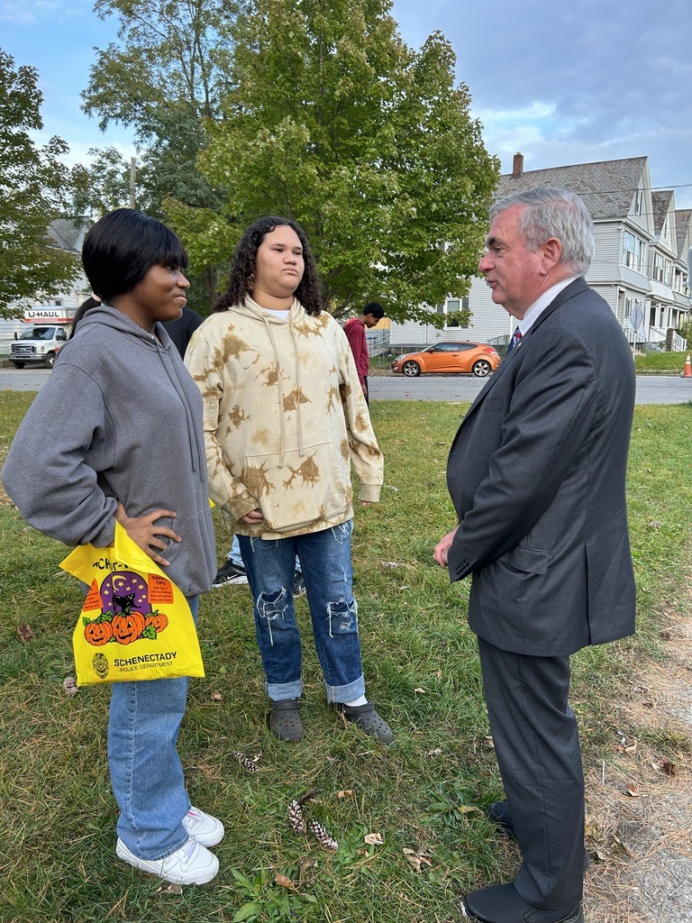 Photo:  Student talking with Mayor McCarthy