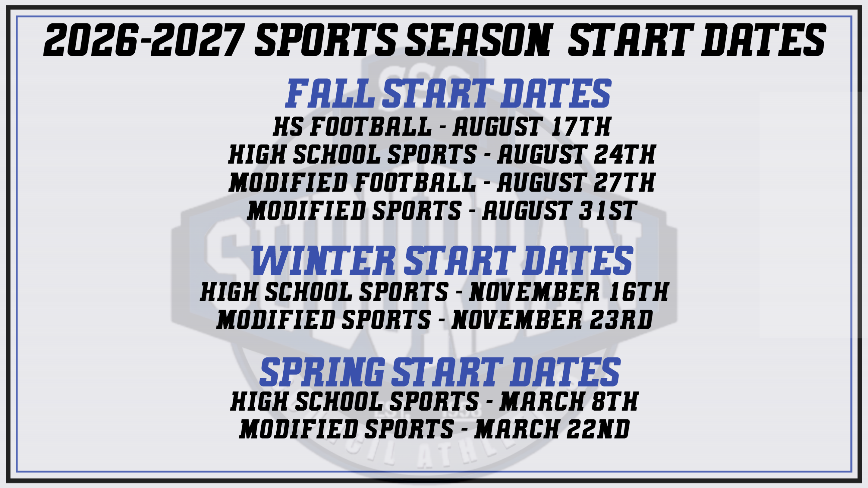 Athletic Start Dates for 2026-2027