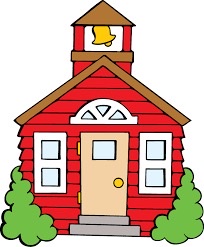 Red schoolhouse with bell. 